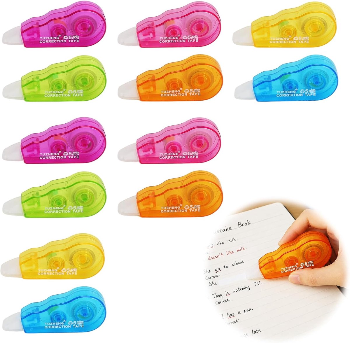 Correctieroller set 12 stuks - mini correctietape 4 m x 5 mm - in 6 snoepkleuren - ideaal voor school en kantoor - ShopVlot