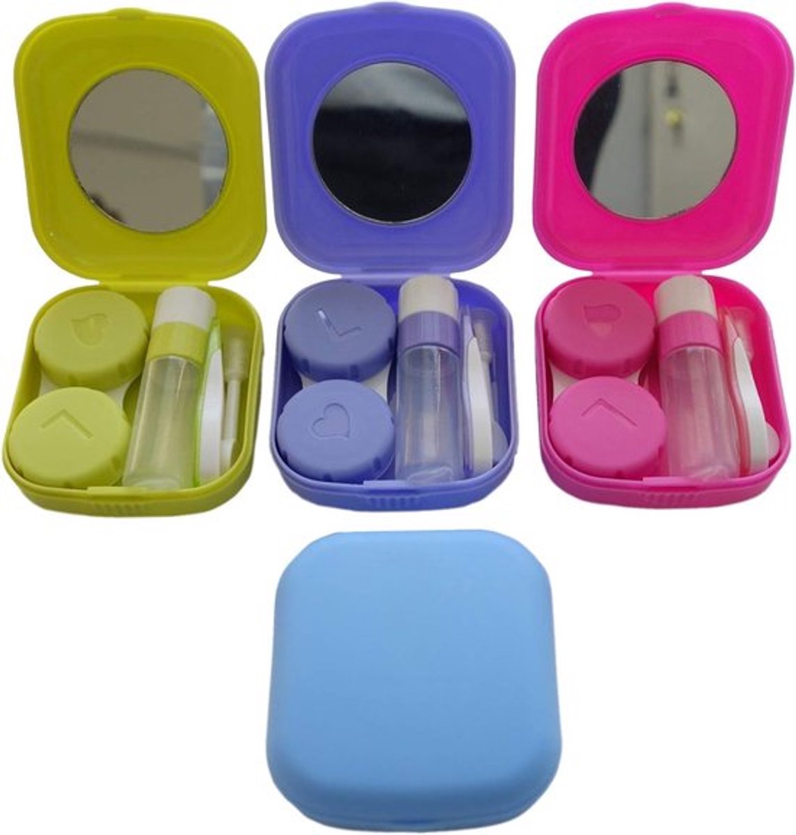 Set van 4 gekleurde contactlenzendoosjes met spiegel, duurzame, compacte en draagbare opbergset (verschillende kleuren)