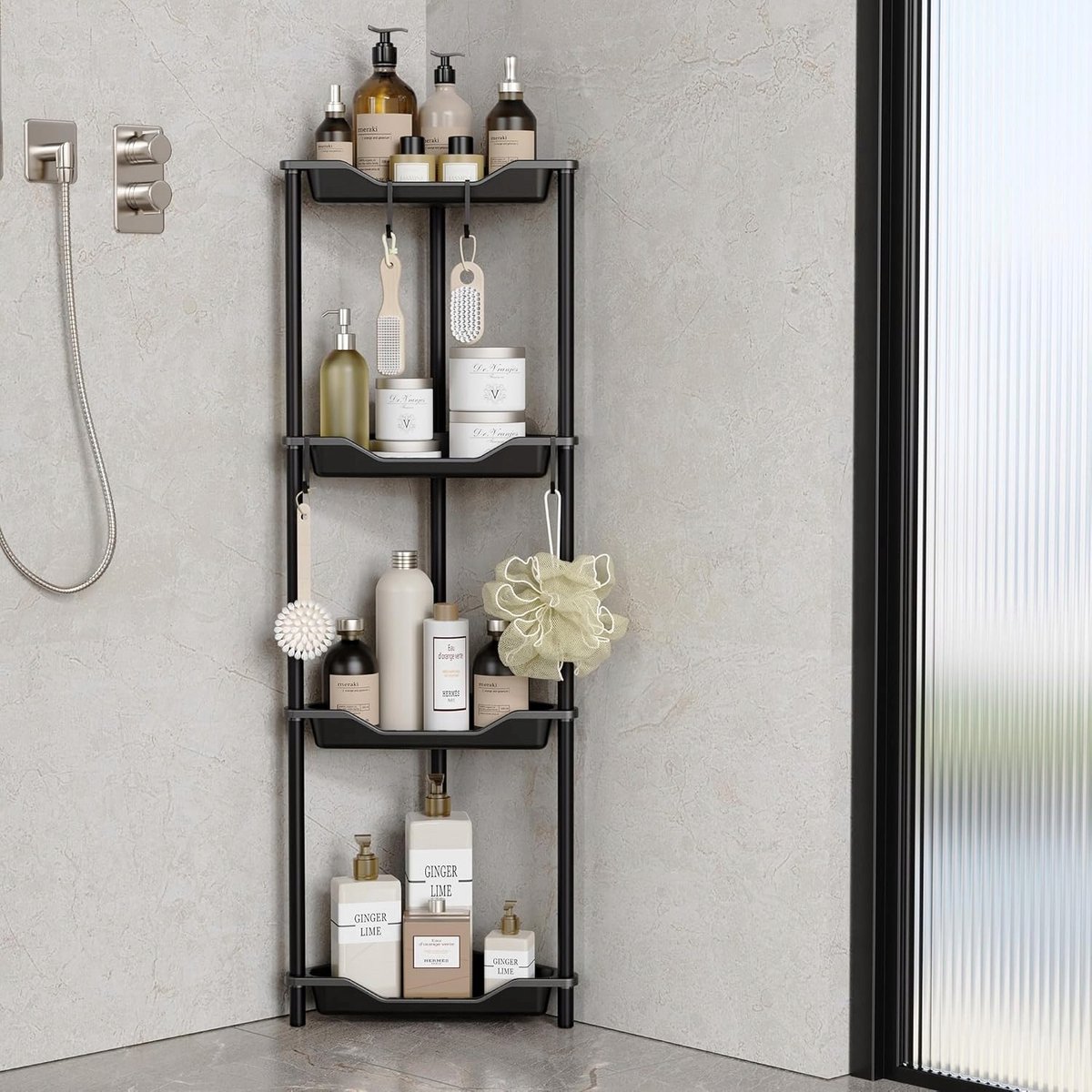 Merkloos Nieuwe Hoek Douche Opbergrek 4 Niveaus Zwart Metaal & Kunststof 27x113cm