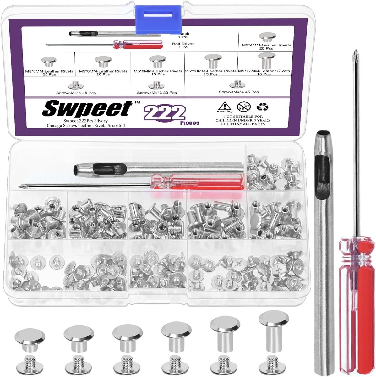 Chicago schroeven set M5 - 6 maten - zilver - ideaal voor leerbewerking - SnelShoppen