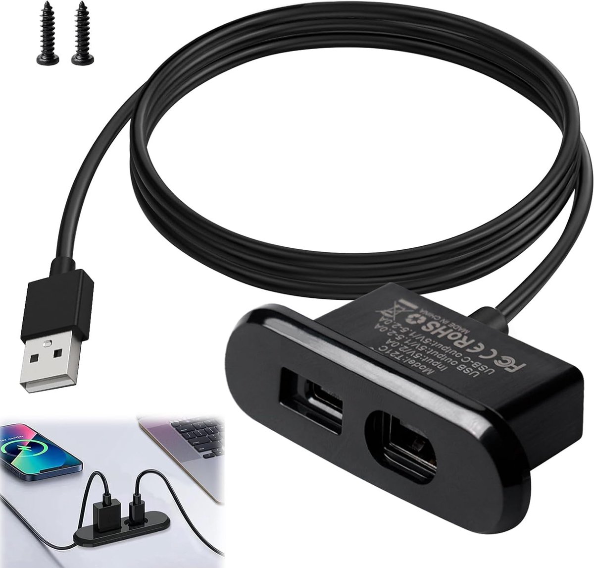 SnelShoppen - USB C Bureau, Paneelmontage Verlengkabel, 5V/2A USB/Type C Oplaadpoort, USB Inbouw voor Bank, Tafel, Bedtafel, Werkbank, Kantoor, 1.5 m