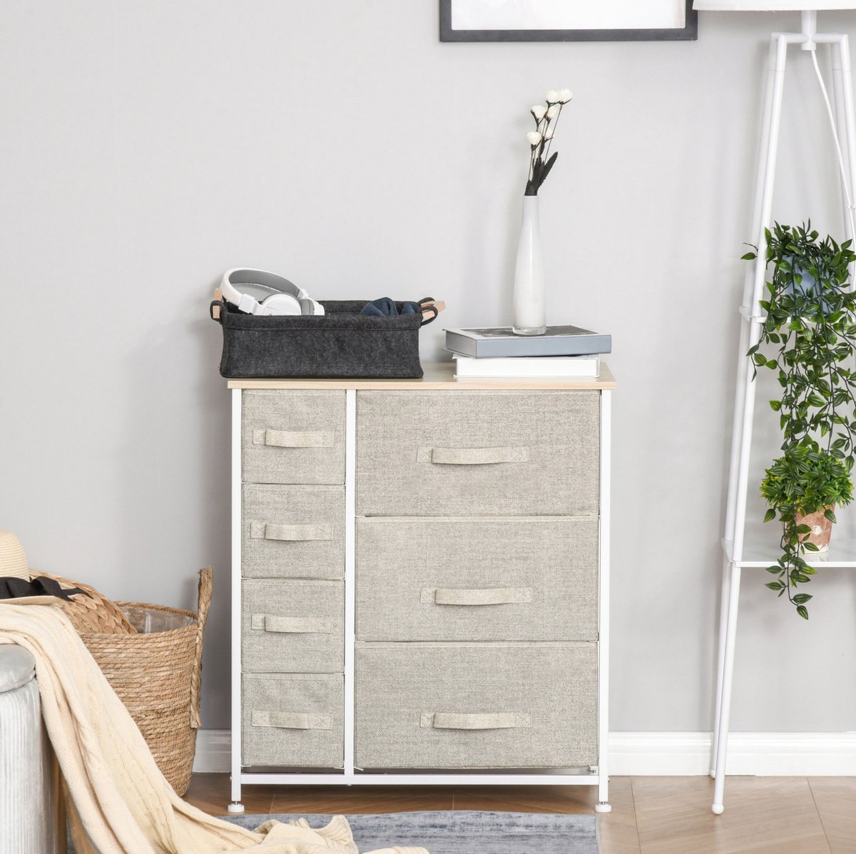 Schubladenschrank Met 7 Vouwbare Stoffladen - Ruime Opbergoplossing - Lichtgrijs - Metaal - 63,5 X 30 X 71 Cm
