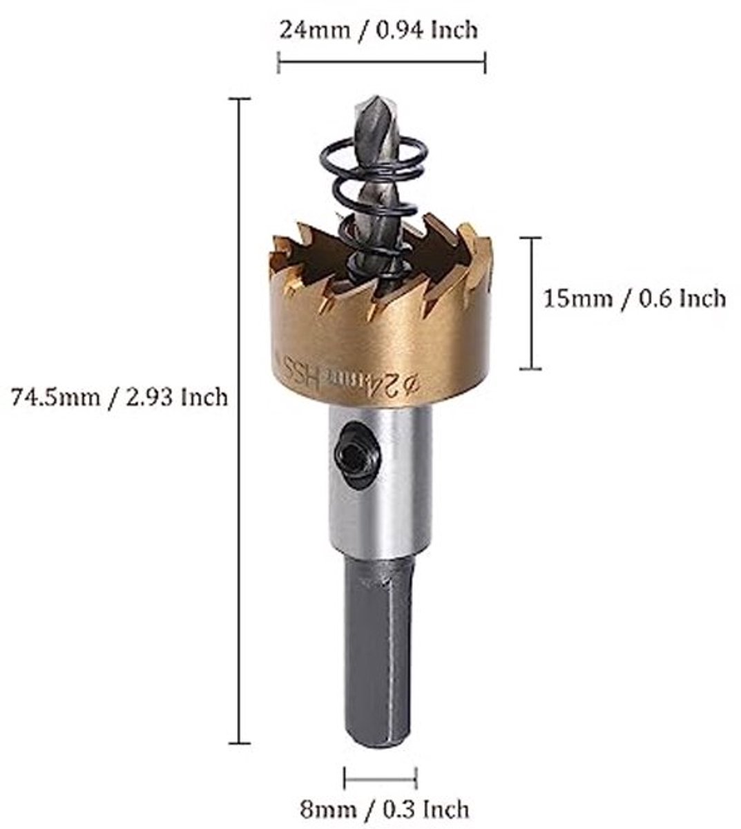 Gatenzaag, 1 stuk, 24 mm, HSS (high-speed staal) 4341 boor gatenfrees voor roestvrij staal, aluminium, metaal, hout, kunststof, titanium gecoat, driehoekige schacht