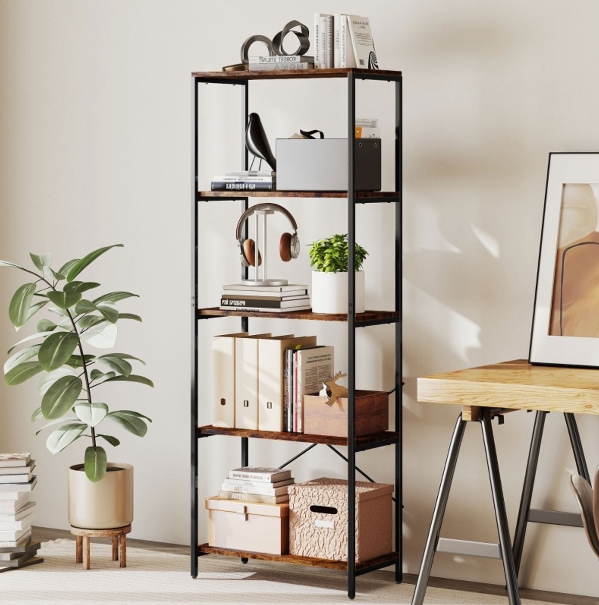 Boekenkast Met 5 Niveaus – Open Industriële Opbergkast – 79 X 35 X 161 Cm – Metaal En Melamine – Rustiek Bruin – Voor Woonkamer, Kantoor En Studeerkamer