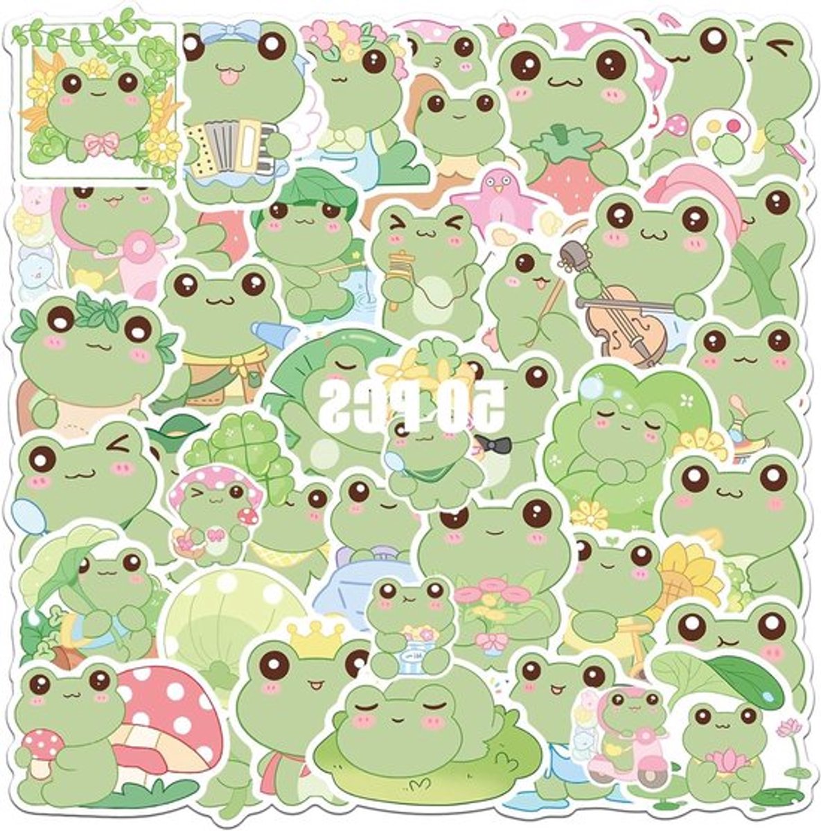 Set van 50 schattige kikkerstickers met esthetische en kawaii dierenontwerpen, ideaal voor decoratie en creatieve projecten