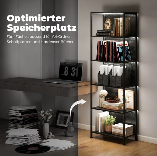 FloraGrace Boekenrek Met Ledverlichting - 5 Niveaus - 60 X 30 X 179 Cm - Hout - Zwart - Open Opbergrek Voor Woonkamer En Kantoor - Industrieel Design — afbeelding 3