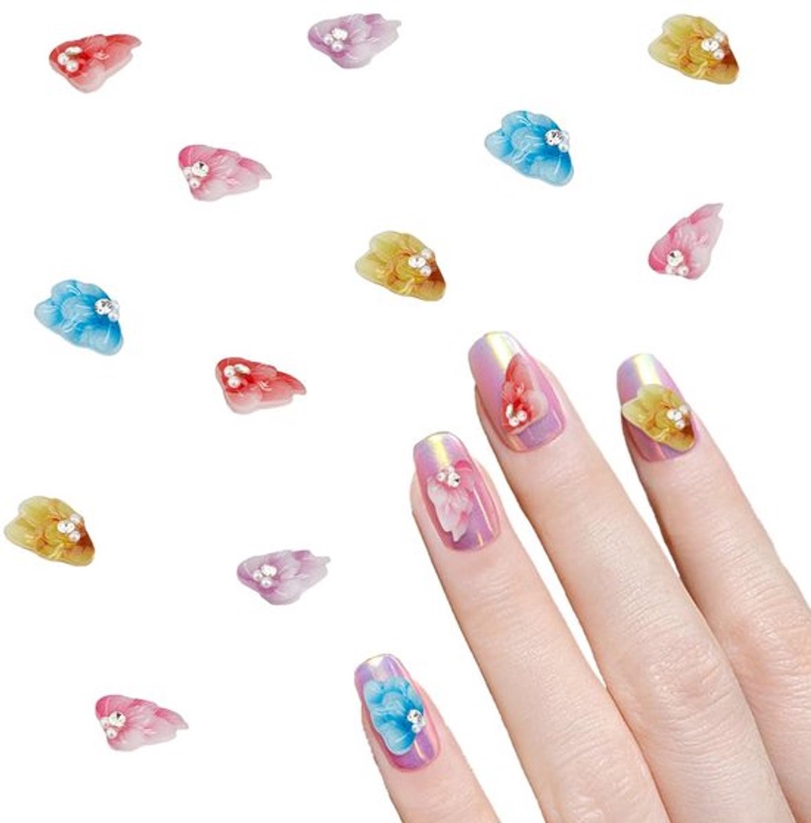 24 stuks 6 kleuren 3D simulatie bloemblaadje cabochons fonkelende parels strass nagelkunst bedels hars manicure kunstdecoraties gemengde kleuren manicure juwelen voor nagelstudio accessoires