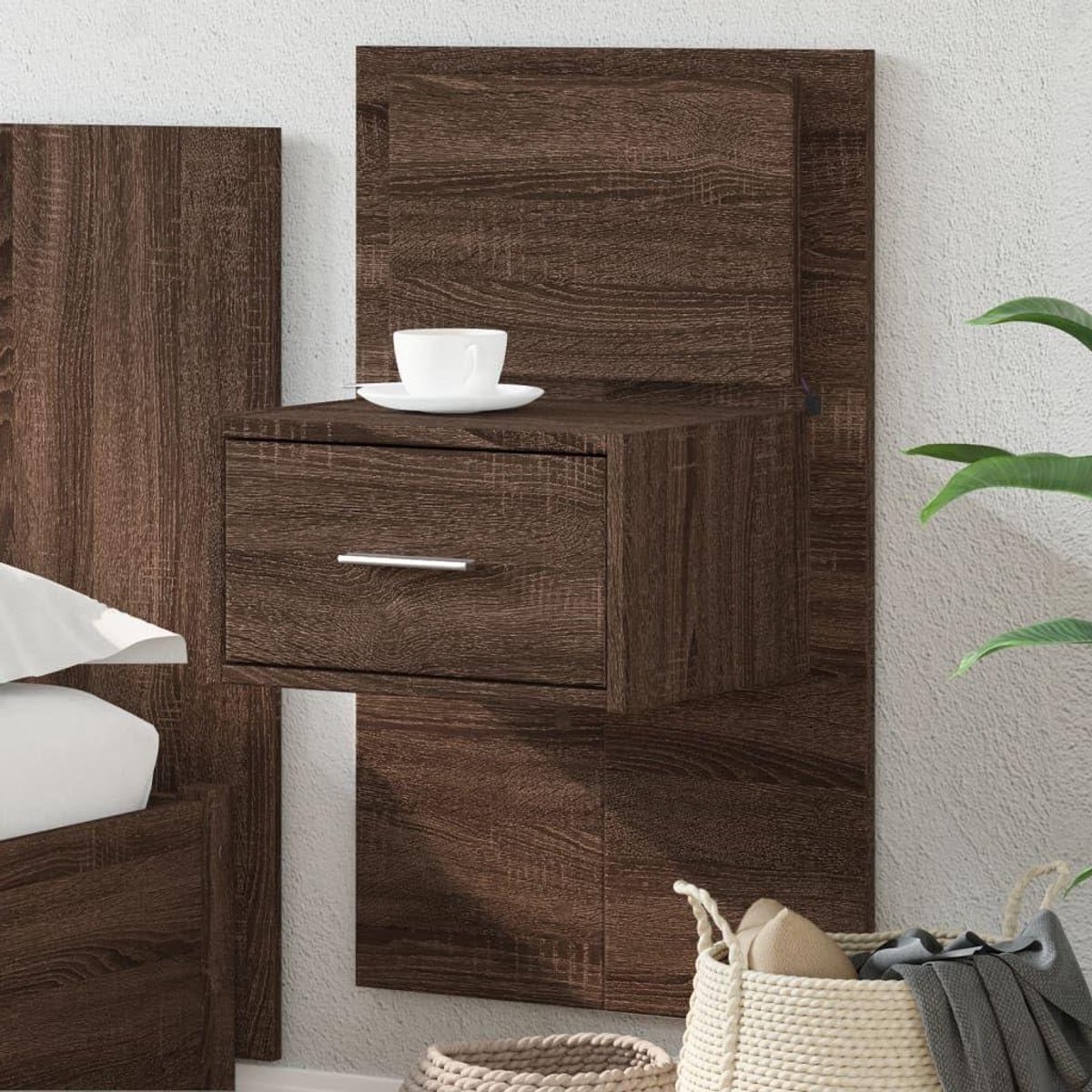 Wandkastje - Nachtkastje Zwevend - Opbergen Slaapkamer - Met LED Verlichting - 485 x 325 x 80 cm - Bruin Eiken
