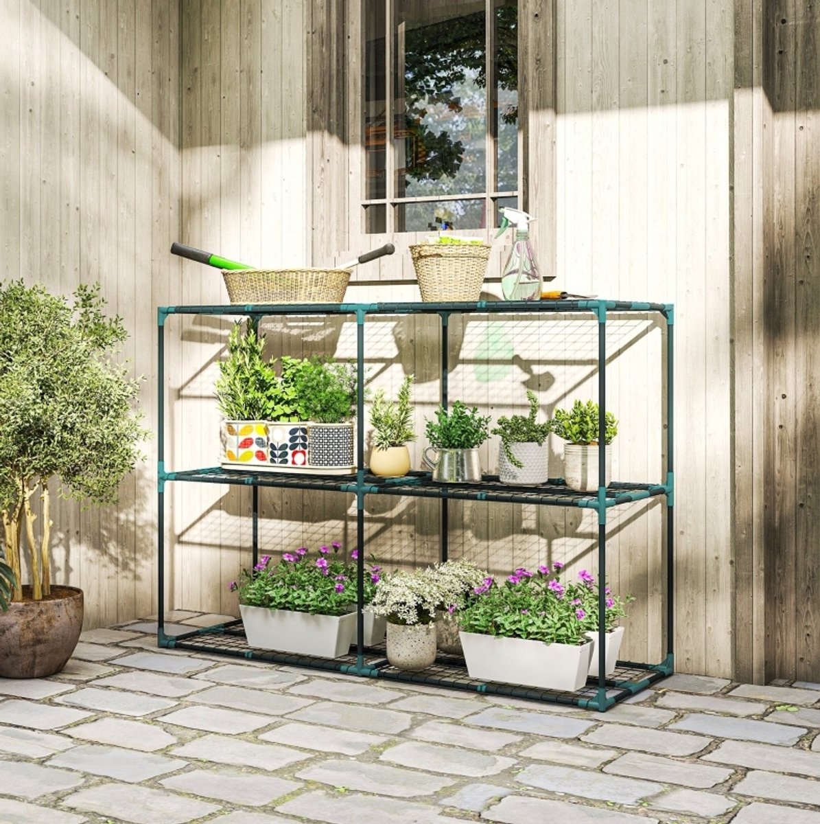 Stellingkast 3 Etages 100 Cm Hoog Open Plantenrek Van Staal En Kunststof Donkergroen Met Drie Legplanken Voor Balkon Terras En Kleine Tuin