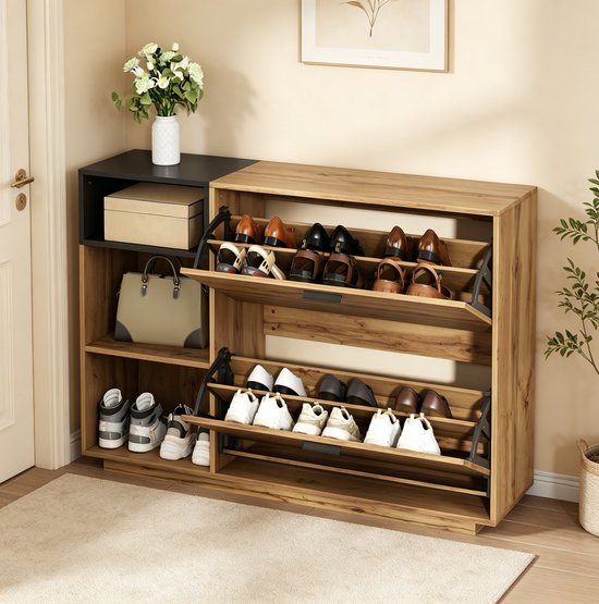 MODENUIT Schoenenkast - 3 Open Vakken En 2 Klapvakken - Hal En Slaapkamer - MDF - Naturel Zwart - 120x32x84,5 Cm — afbeelding 5