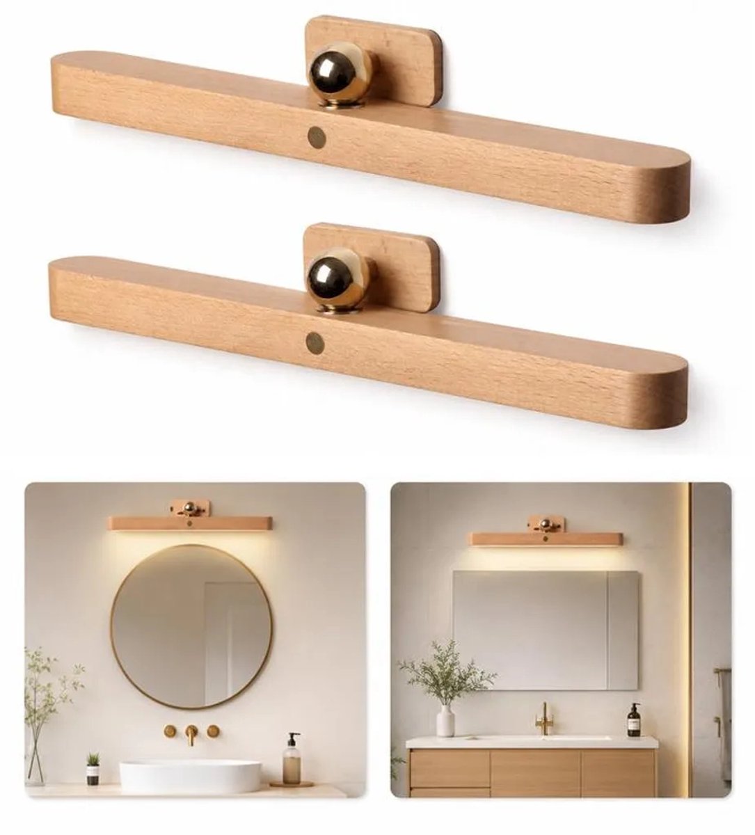 LED-make-uplamp (set uit één stuk), houten make-uplamp, drietraps aanraakdimfunctie, oplaadbaar, magnetisch ontwerp, geschikt voor badkamers, slaapkamers en keukens.
