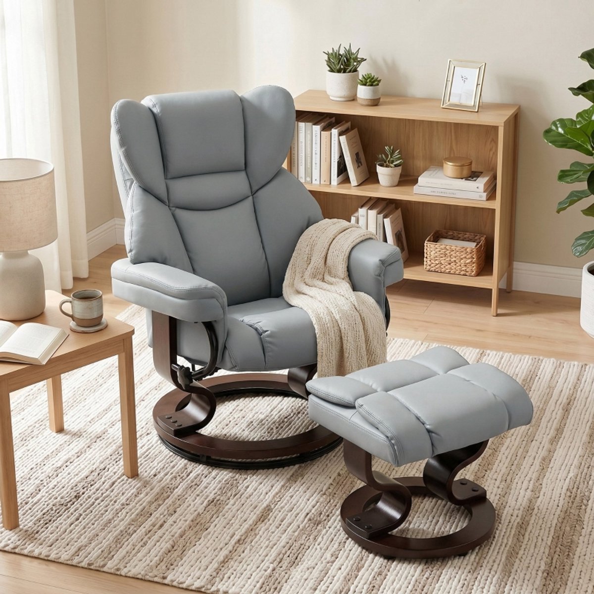 FloraGrace Relaxfauteuil met Voetenbank - Handmatig Verstelbaar Tot 145 Graden - 360 Graden Draaibaar - Voor Woonkamer - Hout - Lichtgrijs