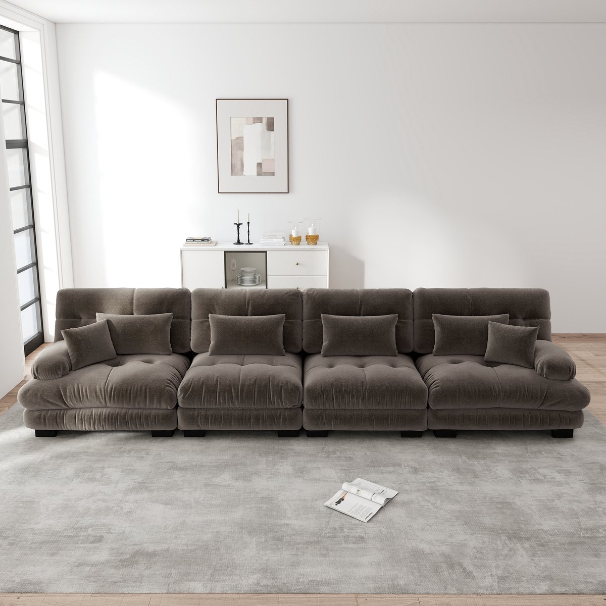 MEUNIQ 4-zits modulaire hoekbank met diepe zit, chenille bekleding en slaapfunctie voor woonkamer, appartement of kantoor in bruin Brown