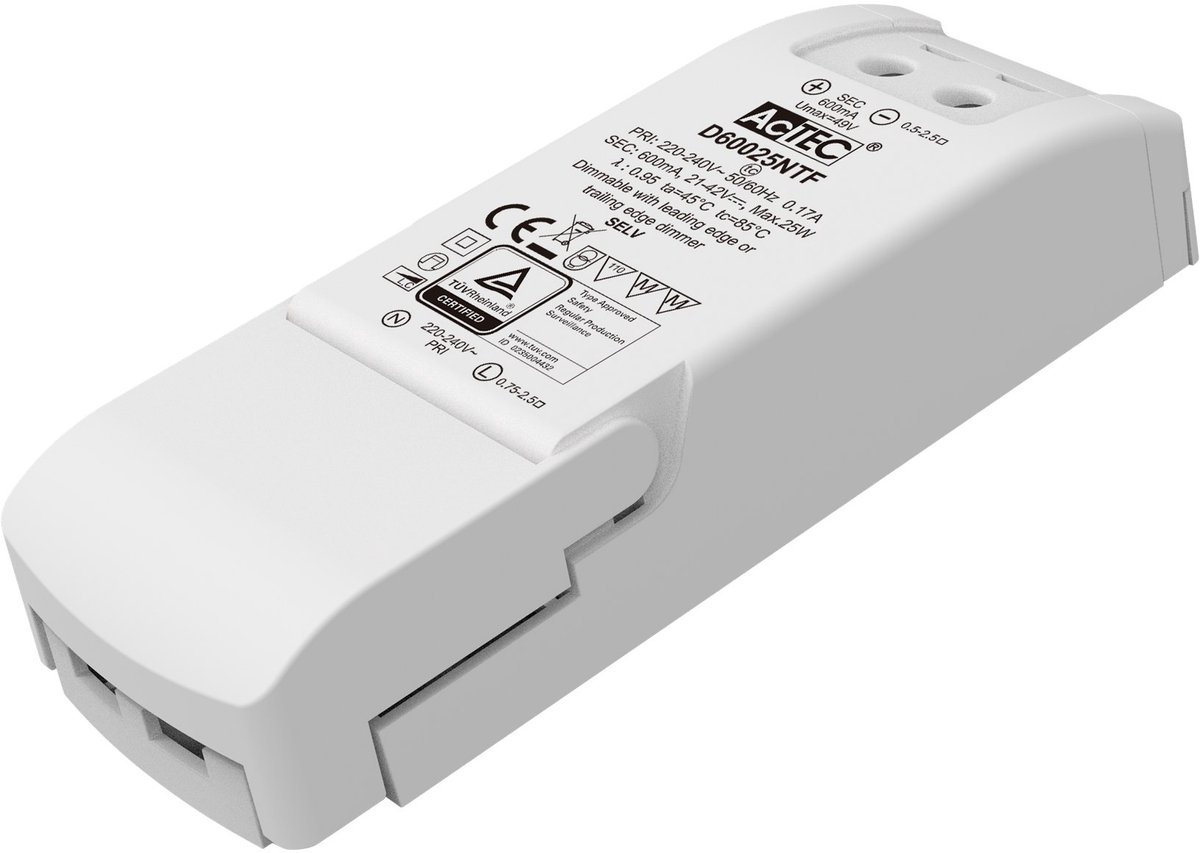 LED-driver van Fantasia, triac dimbaar, 25 Watt, 600mA constante stroom, 220-240V, 120x45x28mm