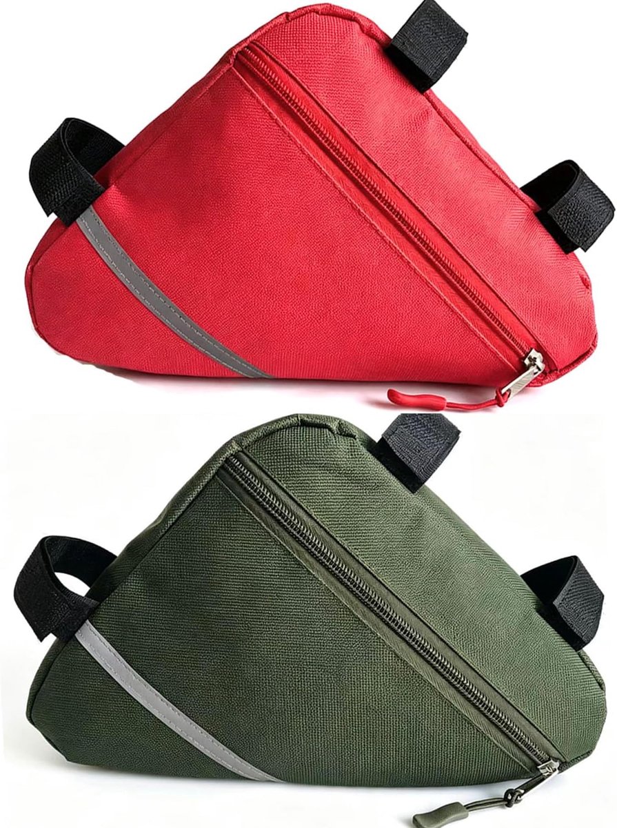 2 Stuks Groot Fiets Voorframe Driehoek Tas Set (Rood + Olijfgroen) | Fiets Driehoek Tas, Waterdichte Nylon Fiets Driehoek Opbergtas met Dubbelzijdige Reflecterende Decoratie, voor MTB Racefiets