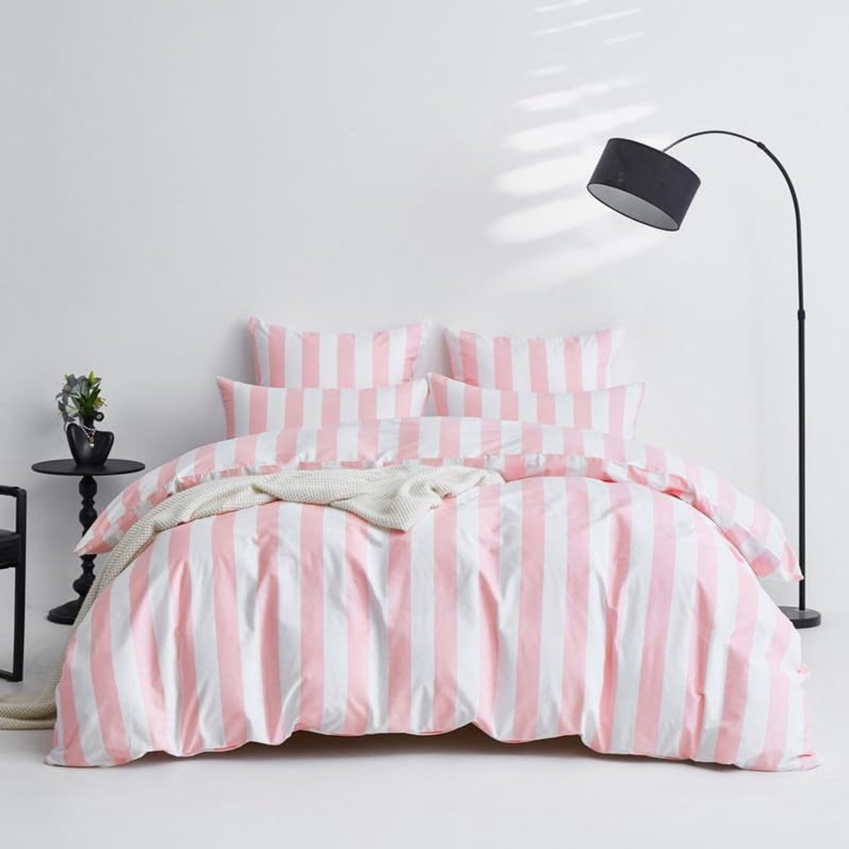 Katoenen beddengoed, 220 x 240 cm, wit roze, gestreept, anti-allergene beddengoed van 100% puur katoen, Öko-Tex 100 beddengoedset, dekbedovertrek met ritssluiting en 2 kussenslopen van 80 x 80 cm