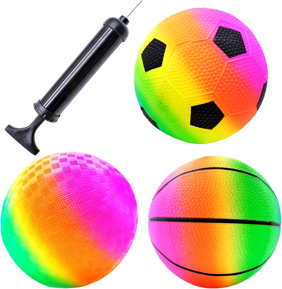 Strandballen, regenboogvoetbal, gekleurde opblaasbare ballen voor zwembad, strand, themafeest, outdoor-activiteiten, diameter 15 cm, met pomp