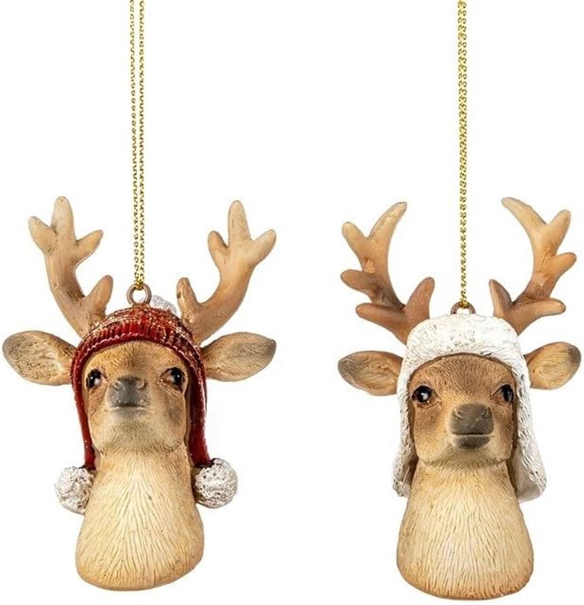 Kerstbal hert met wintermuts 8 cm - rood bruin - set van 2 - perfecte kerstdecoratie - SnelShoppen