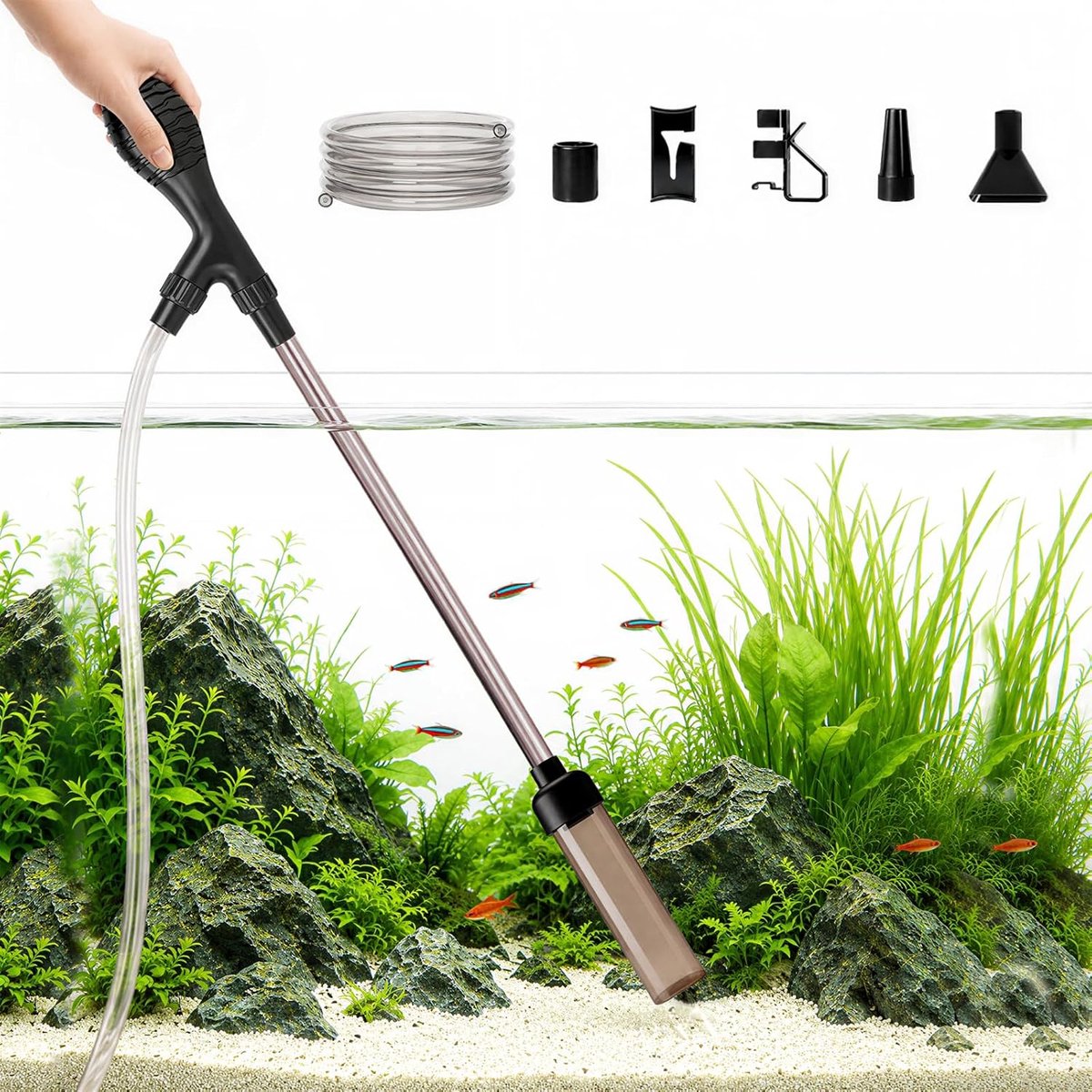 Mulmzuiger voor aquarium met 2 m slang, aquariumzuiger met zuiger, handpomp, instelbare aquariumreiniger voor eenvoudige reiniging van grind, bodemmodder, filter, zandreiniging