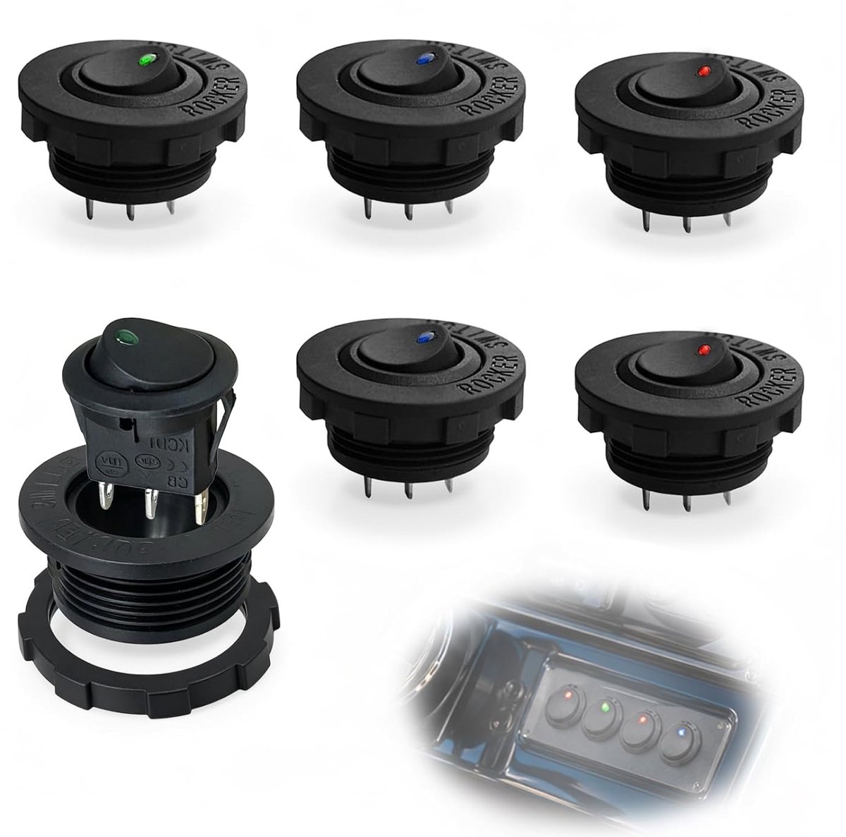 6 stuks 12 V waterdichte schakelaar, 20 A 3-pins ronde aan/uit tuimelschakelaar met ledlicht voor auto, marine, boot, auto, jacht, rood, groen, blauw