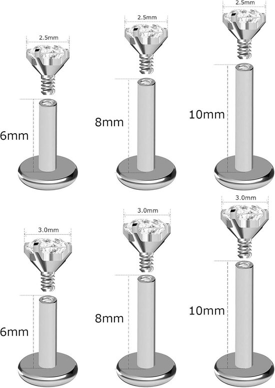1,2mm intern geschroefde titanium labret Monroe LipTragus Helix oorbelstekers - 3mm bolletje — afbeelding 5