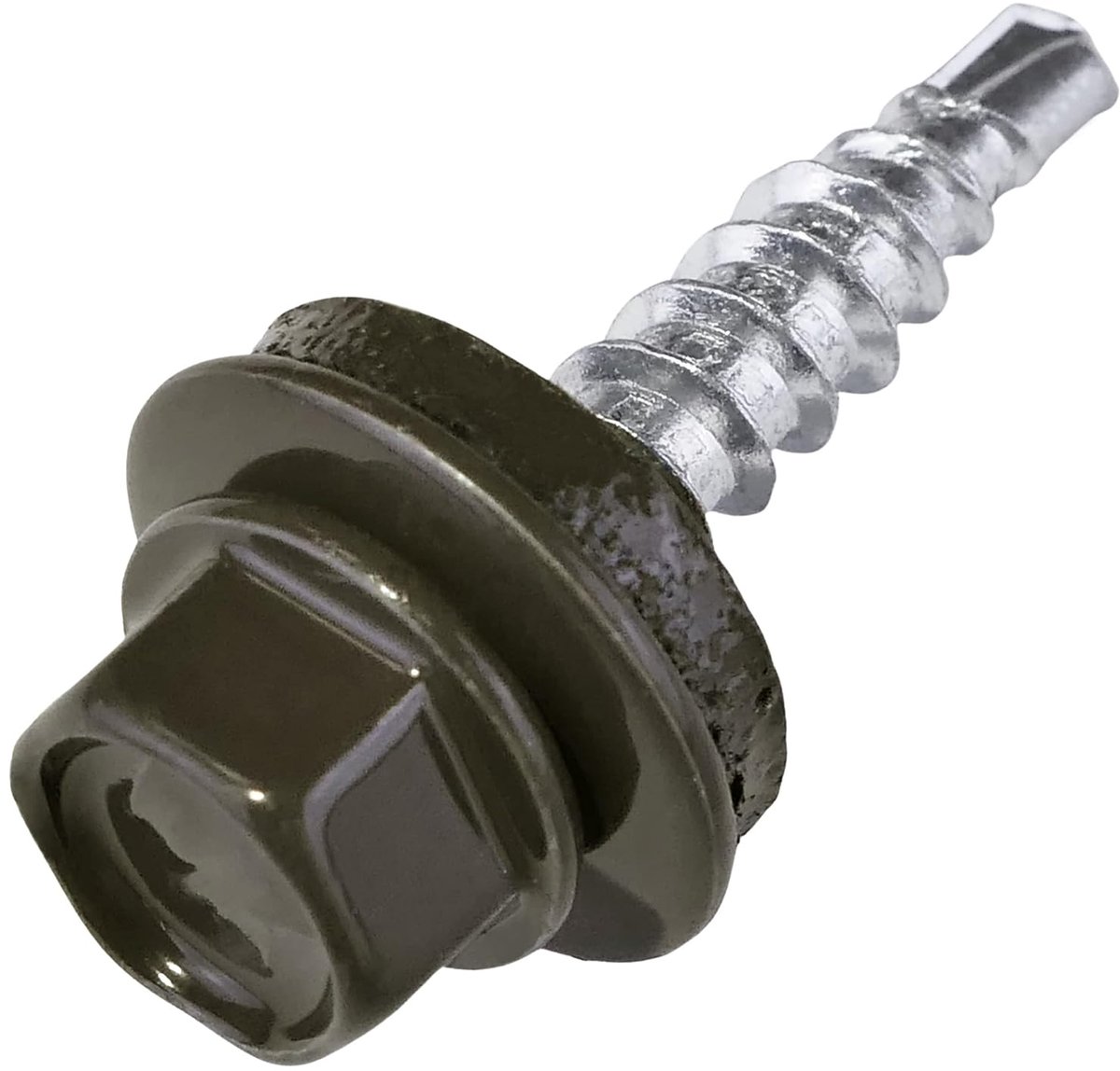 Zelfborende schroeven van metaal tot hout, Ø 4,8 x 25 mm + EPDM-afdichtschijf, gelakt in bruin grijs RAL 8019, kopafdruk 8 mm, zeskant - van staal