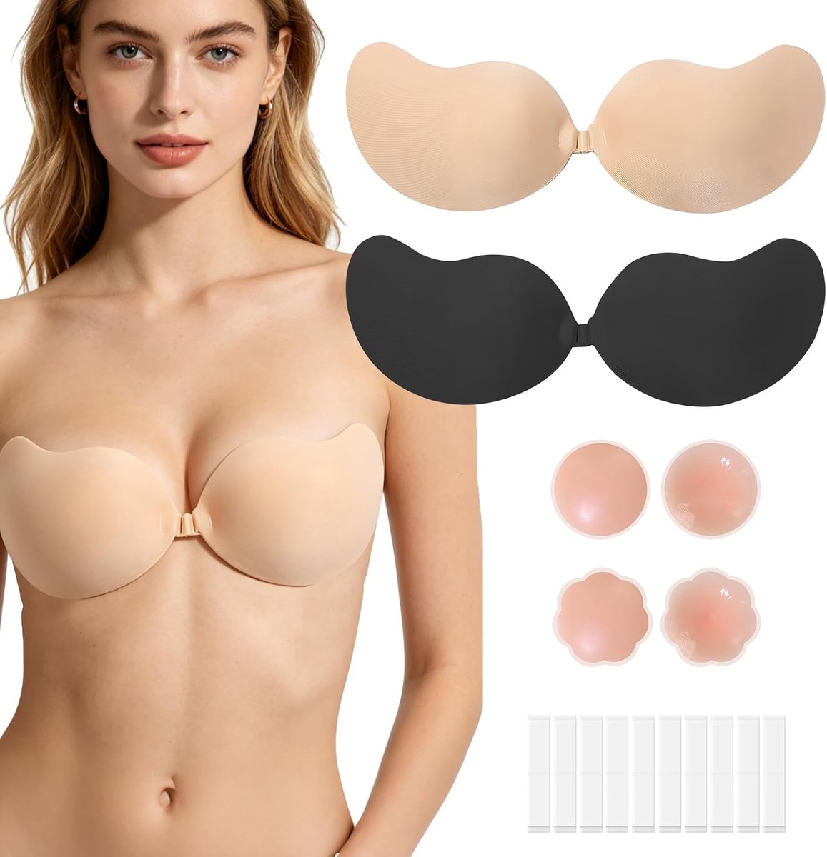 beha-set, 5 stuks, push-up-beha, zonder strepen, zelfklevend, met tepels en plakband, siliconen, zelfklevend, voor feest- en bruiloftsjurk, alle cupmaten C