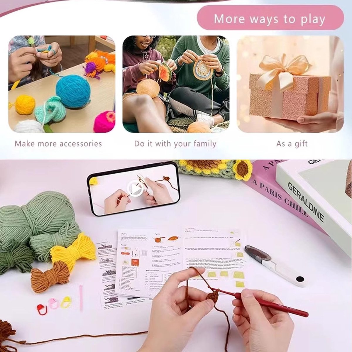 Haakset voor beginners, complete haakset voor beginners, complete haaknaaldenset voor beginners, haaknaalden, garen, instructievideo's