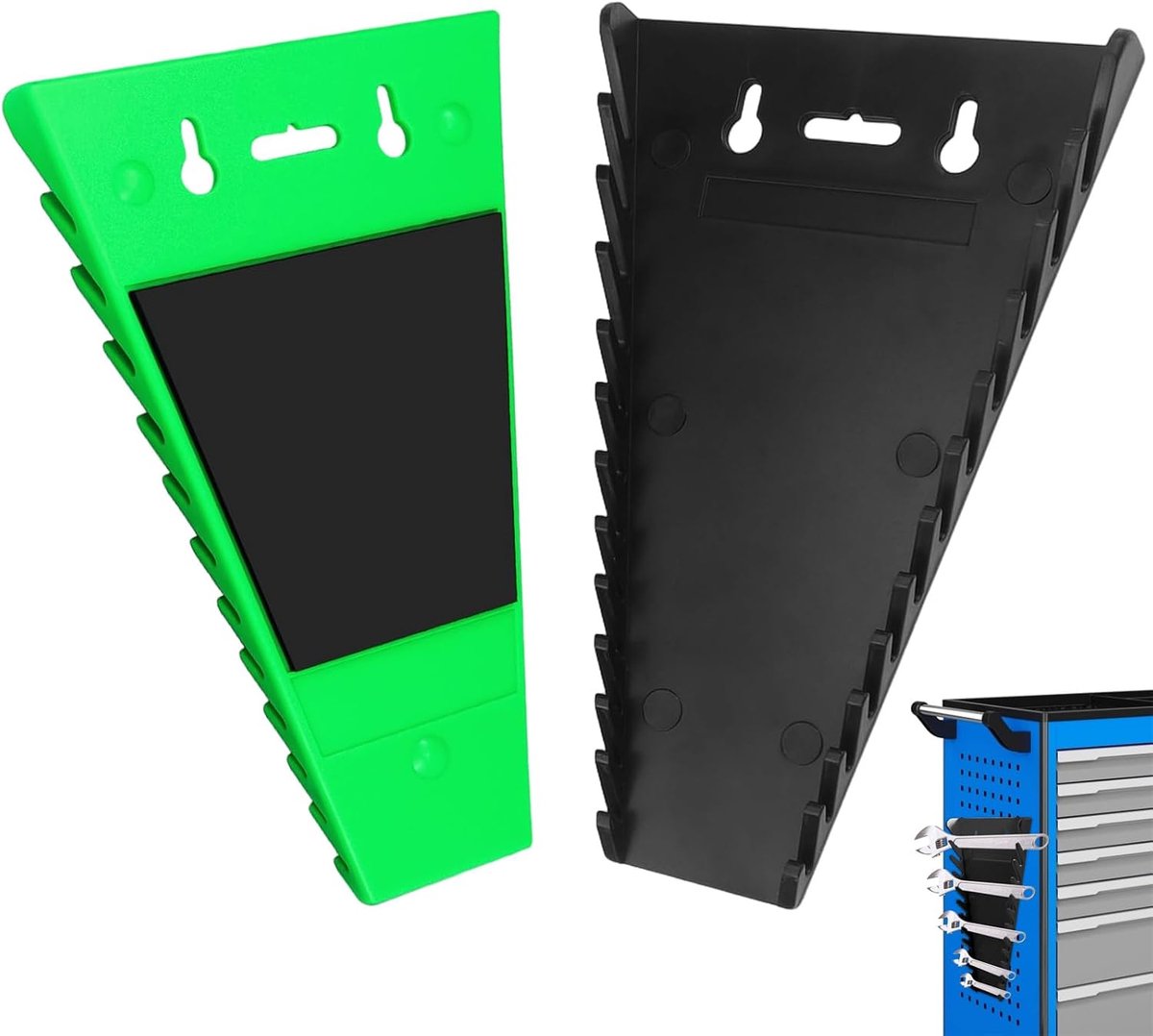 2 stuks magnetische moersleutelorganizer, ABS-gereedschapshouder, moersleutelhouder, ringsleutel, voor gereedschapskist, laden, zwart + groen