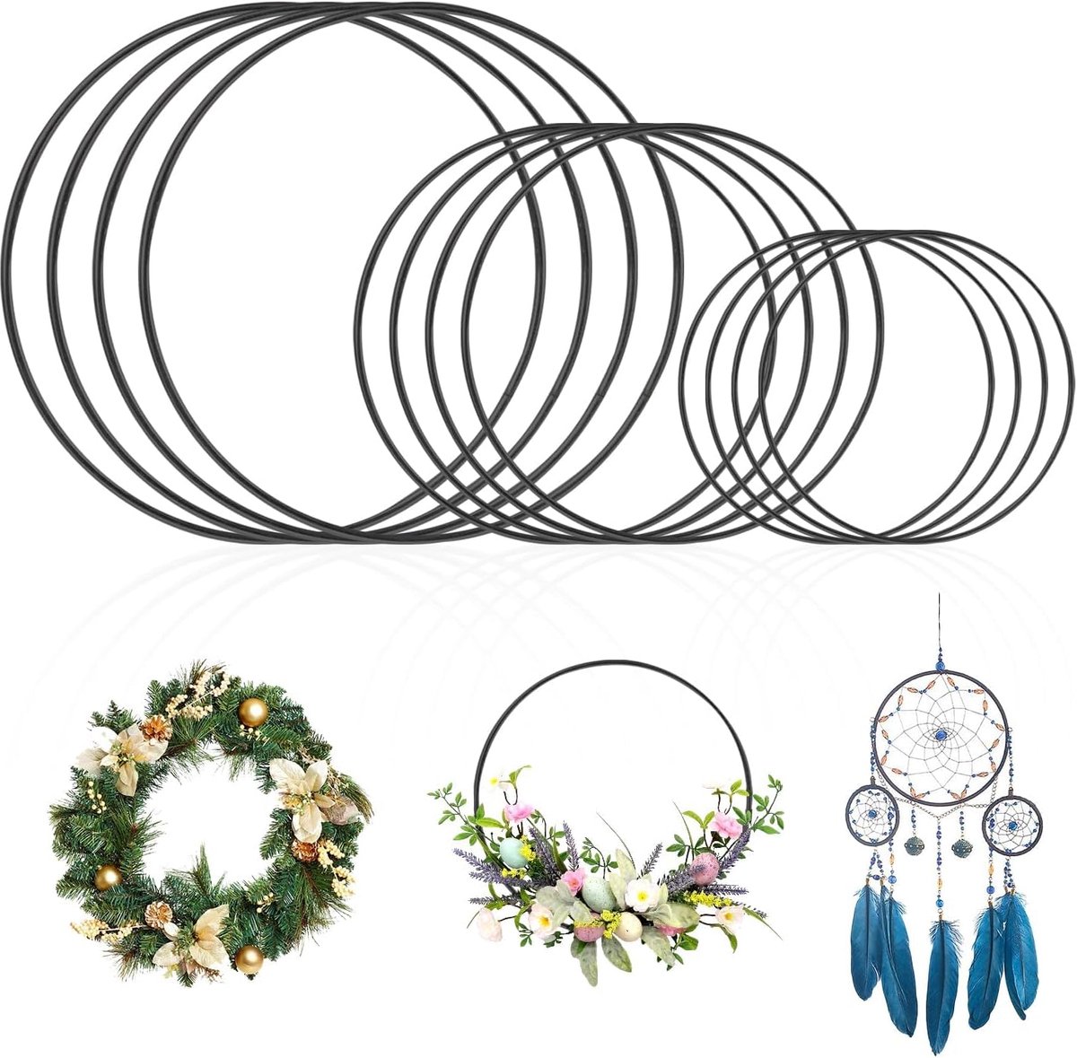 12 stuks metalen cirkels, doe-het-zelf creativiteit, metalen ring, decoratieve metalen ringen, diameter 10/15/20 cm, dikte 2,8 mm, voor bruiloftsslingers en wanddecoratie (zwart)