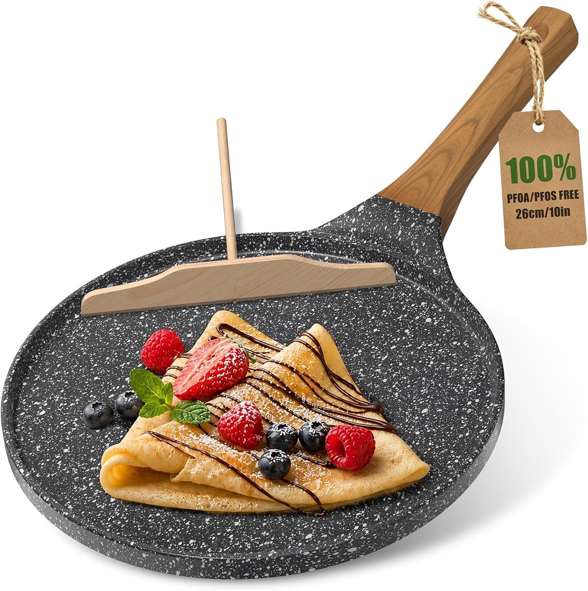 10 inch crêpe pan, anti-aanbak pannenkoek & dosa pan, tortilla pan dosa tawa, platte bakplaat, inductie compatibel, gemakkelijk schoon te maken, met houten strooier