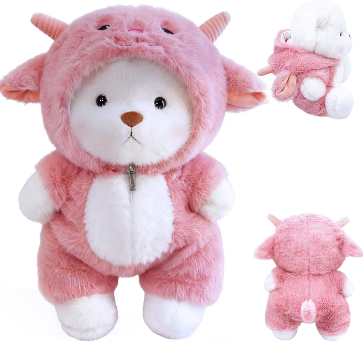 Pluche teddybeer met schaapkostuum, 30 cm teddybeer emotionele ondersteuning, afneembare jas, beschermengel roze geluksbeer (roze)