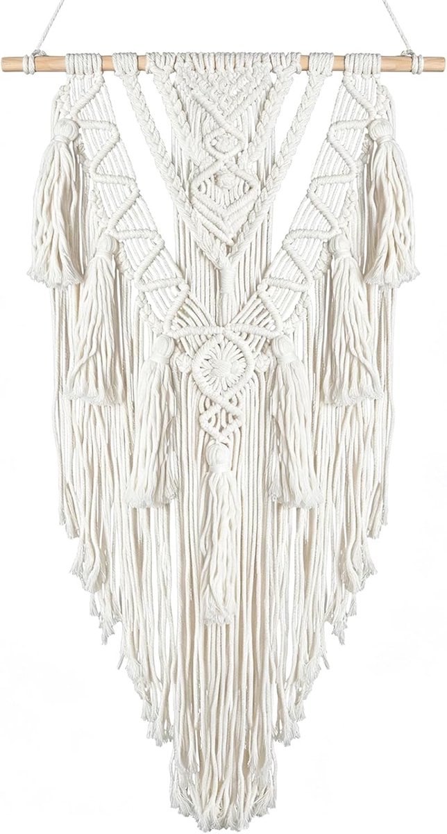 Macramé wandkleed van katoen, 70 x 40 cm, boho wanddecoratie, beige met kwastjes en drielaags patroon, geweven wandtapijt voor slaapkamer, woonkamer, hal, woning, feest
