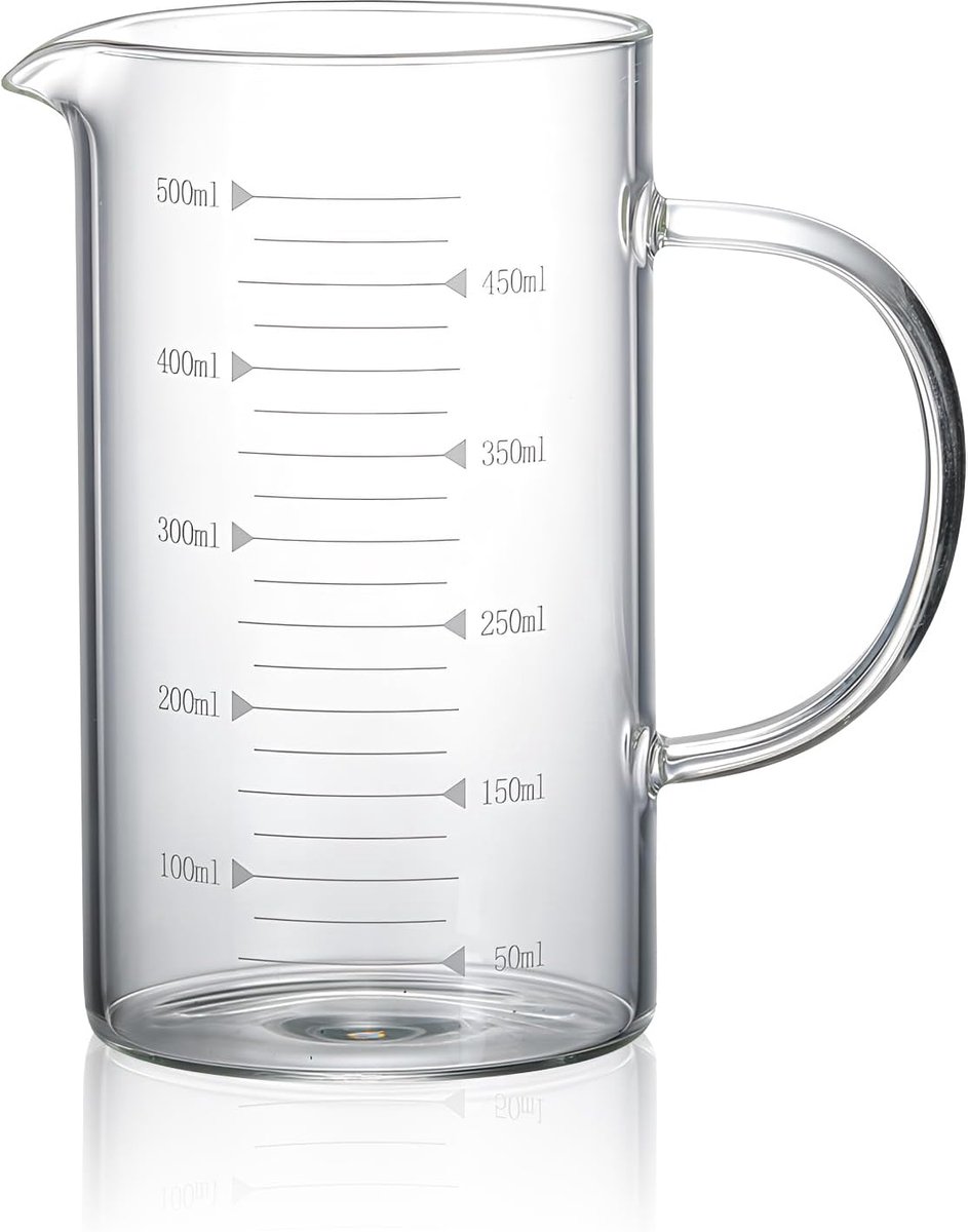 1 stuks maatbeker, glazen maatbeker met handvat, van hoogwaardig borosilicaatglas, drie schalen (oz, beker, ml/cc) voor keuken of restaurant, V-vormige uitloop, hittebestendig glas