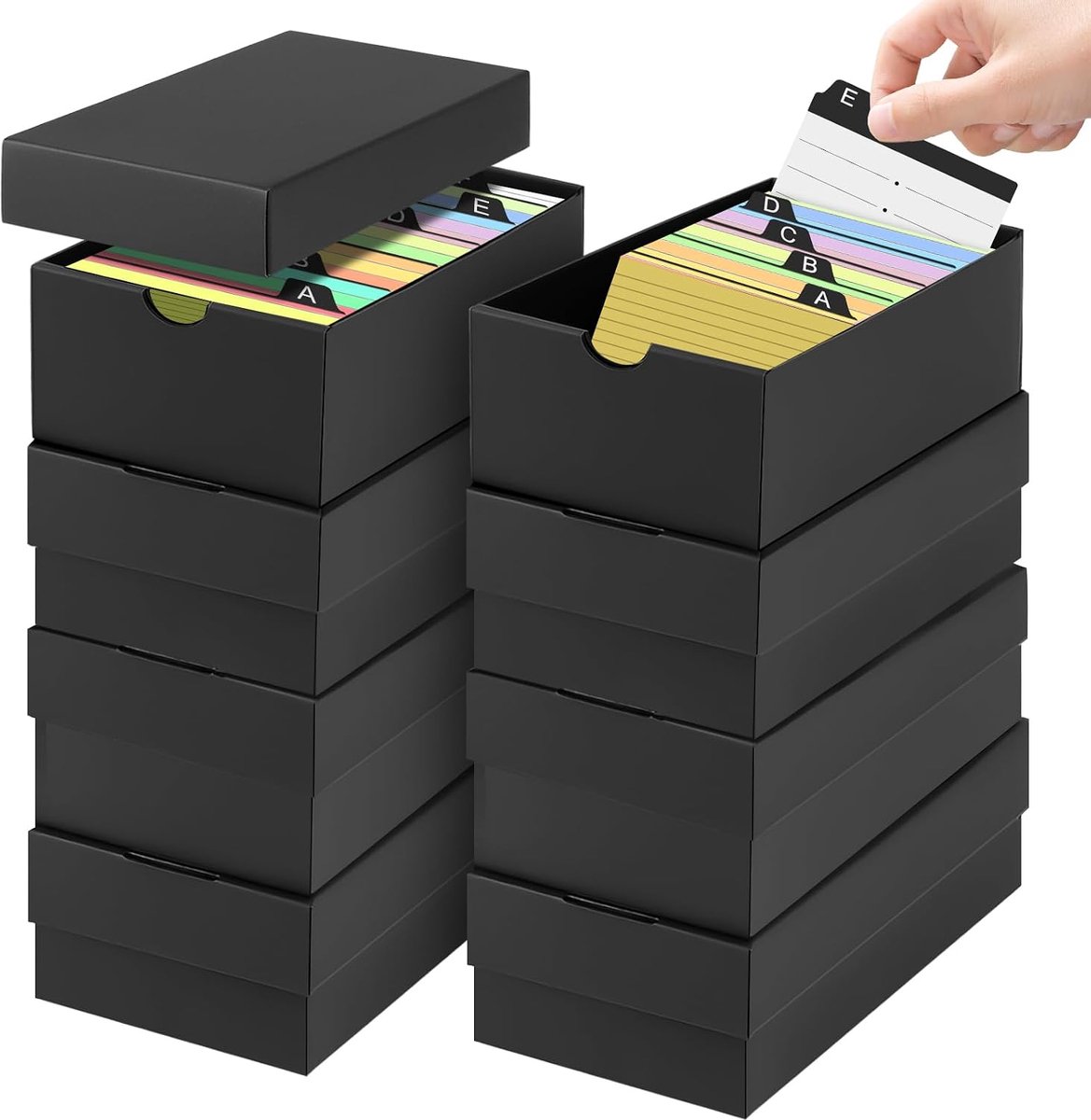 8 stuks indexkaartenbox A6, capaciteit 1000 vellen, indexkaartenbox A6 voor 101,6 × 152,4 mm indexkaarten, leeskaarten, zwarte leerkaartenbox, woordendoos onderweg, leerbox voor schoolspullen, kantoor