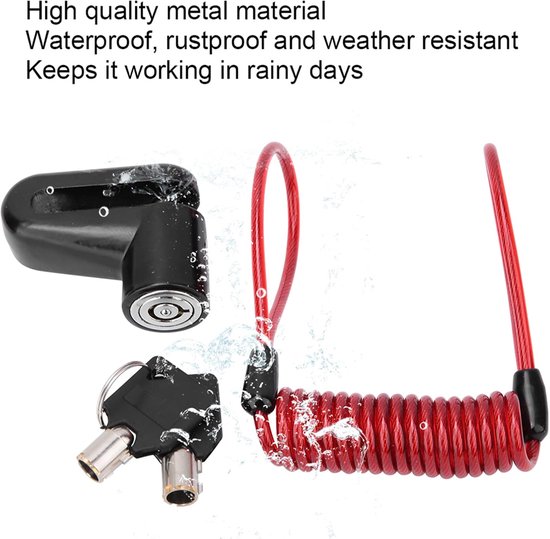 Remschijf slot - zwart - Elektrische step slot - Elektrische step Slot Accessoires - Slot voor remschijf - Motorslot - Diefstalbeveiliging - met rood herinneringskabel, 2 sleutels en opberg houder - voor scooter, fiets, elektrische fiets van Monzana — afbeelding 2