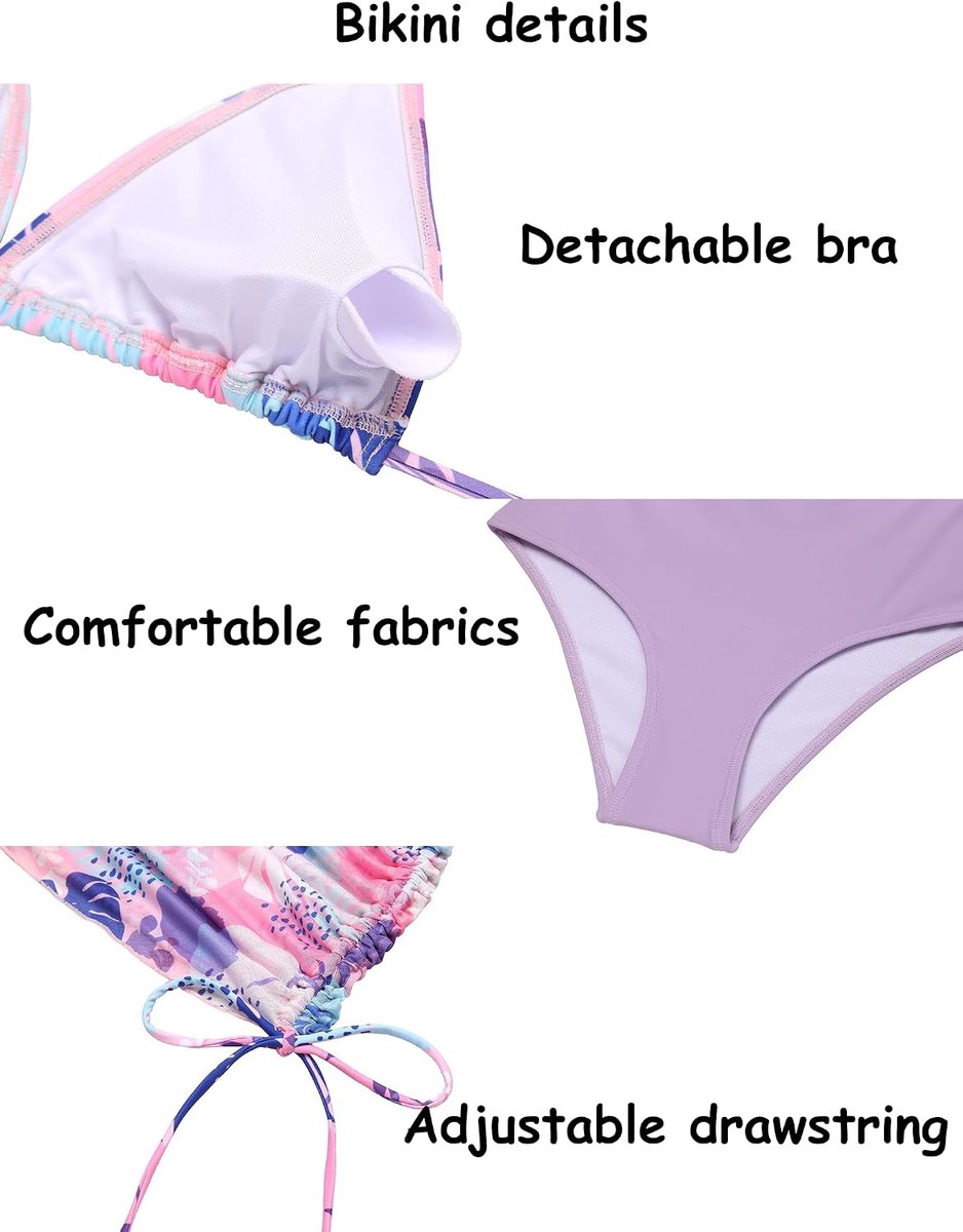 Meisjesbikini set 3-delig kinderhalterbadpak met rok zomer bloemenprint zwempak voor meisjes 7-15 jaar