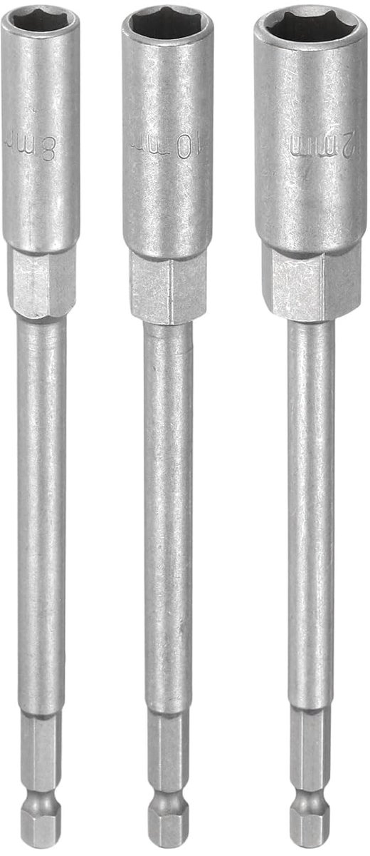 3 stuks steeksleutels, 8-12 mm dopsleutelset, notenboorbits, 1/4 inch zeskantige schacht 150 mm extra lang staal, boutset voor boor, accuschroevendraaier