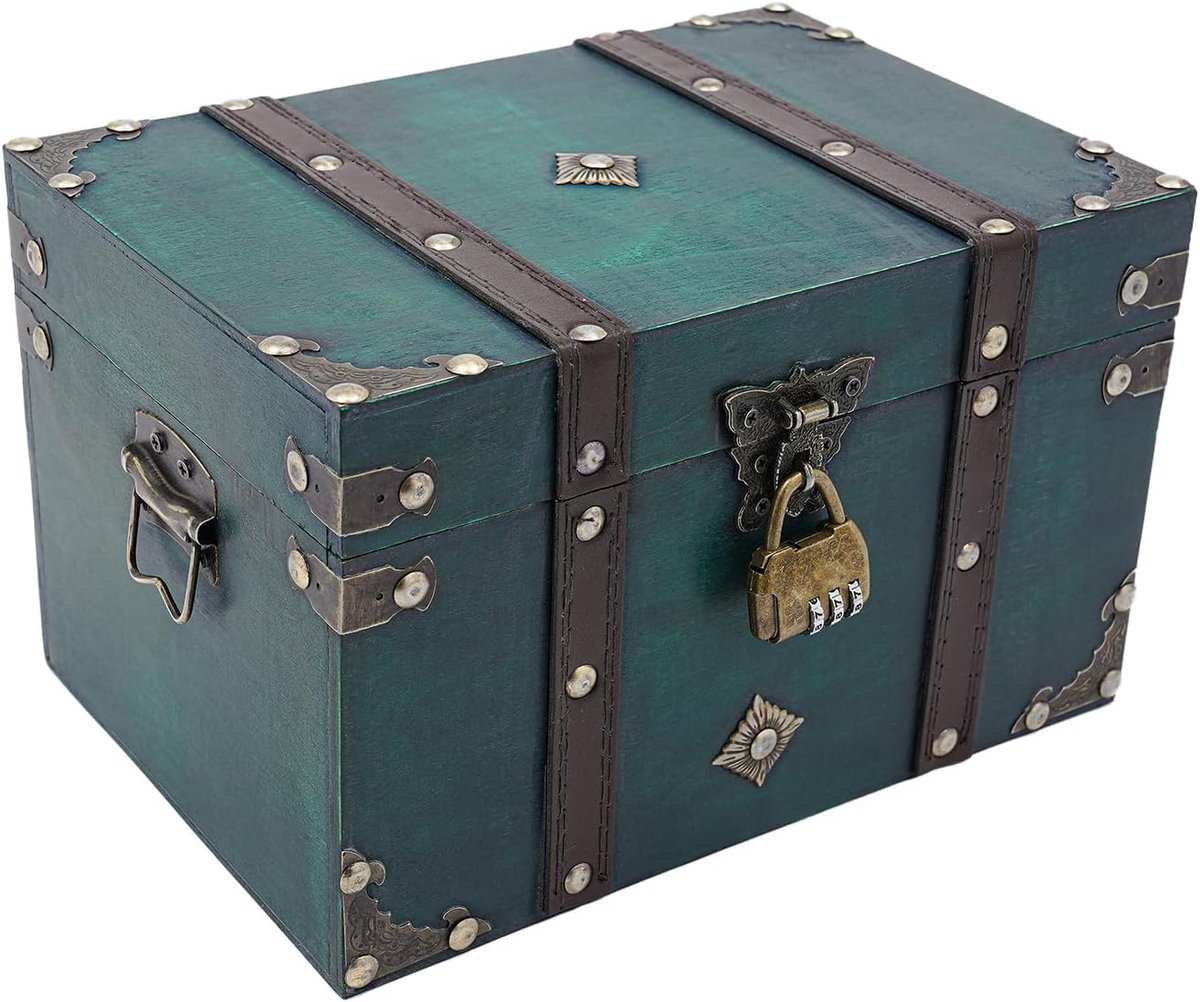 Schatkist van hout 24 x 17,5 x 15,5 cm - vintage design - afsluitbaar met cijferslot - SnelShoppen