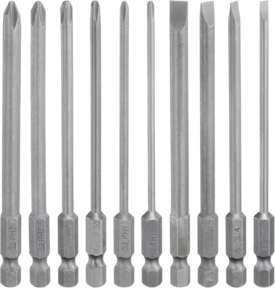 Set van 10 stuks schroevendraaierbits Phillips SL3/4/5/6 PH1 (2,5/3,0) PH2 (3,5/4,0/5,0/6,0) staal S2 1/4 inch zeskantaandrijving, lengte 10 inch elektrische boor, platte kop magnetisch