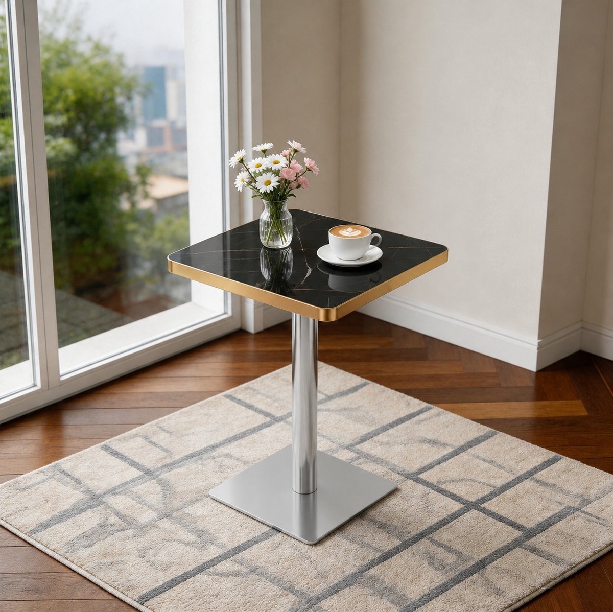 MIVRAY Eettafel - Vierkante Tafel Met Marmerlook - Voor Eethoek En Bistro In Kleine Ruimtes - Hout En Metaal - Zwart - 60x60x74 Cm