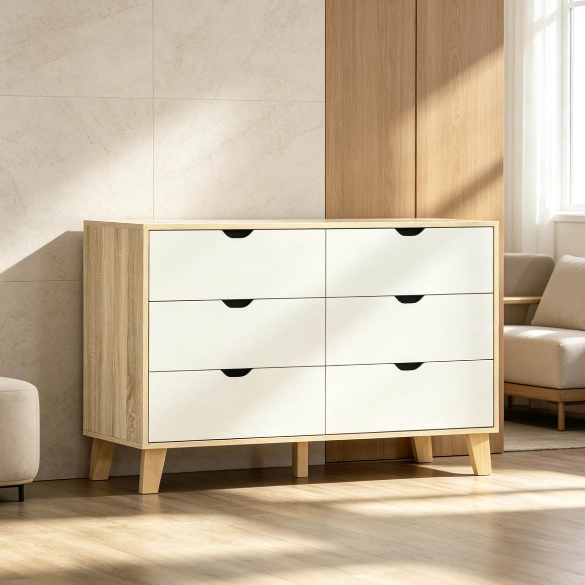 STILVORA Dressoir - Scandinavische Ladekast Met 6 Lades - Voor Slaapkamer En Woonkamer - Spaanplaat En Hout - 120x40x76 Cm - Wit;Eiken