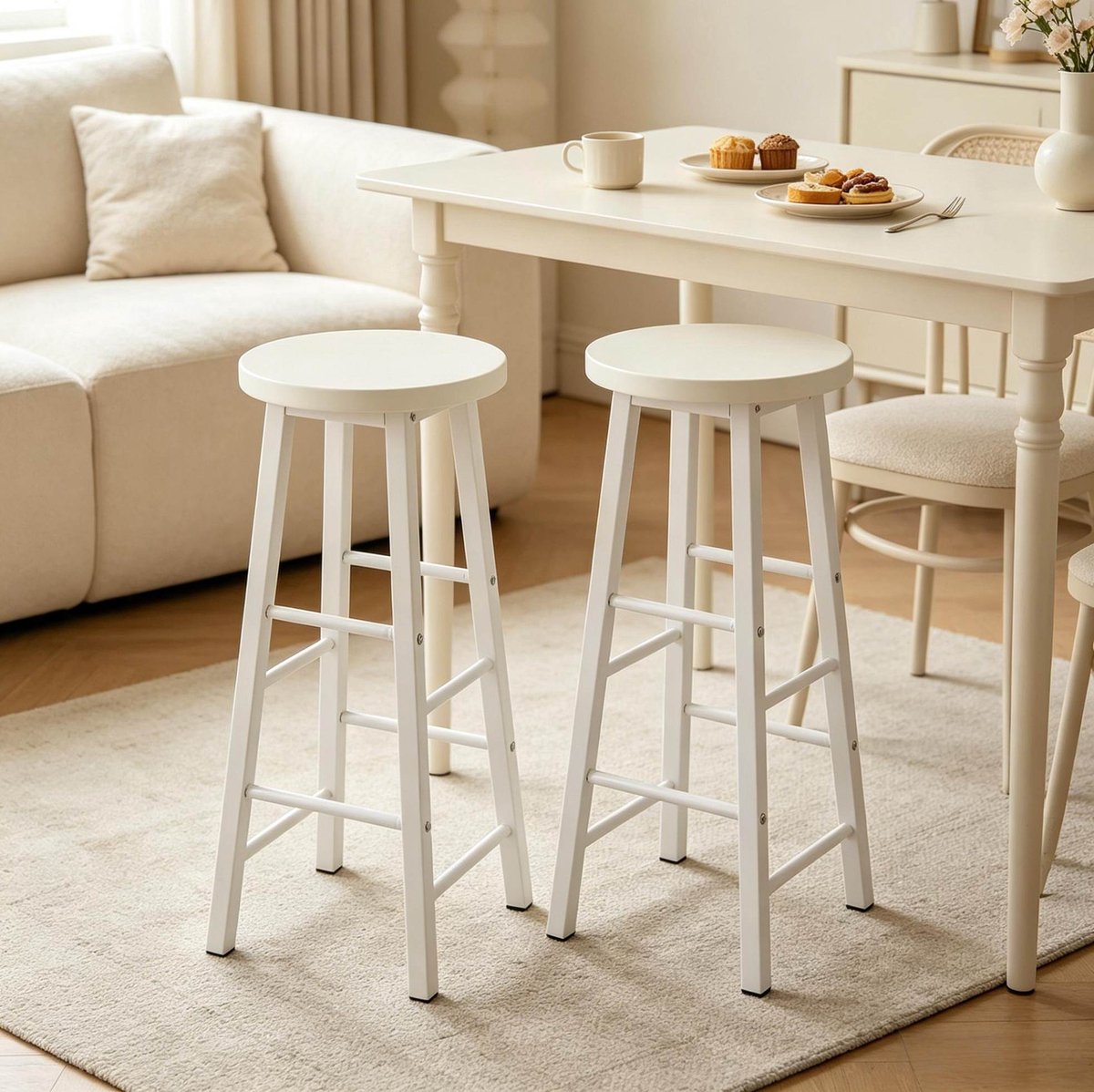 FloraGrace Barkruk Set Van 2 – 71 Cm Zithoogte – Industriële Stijl Met Voetsteun – Voor Keuken, Bar En Ontbijthoek – MDF – Wit