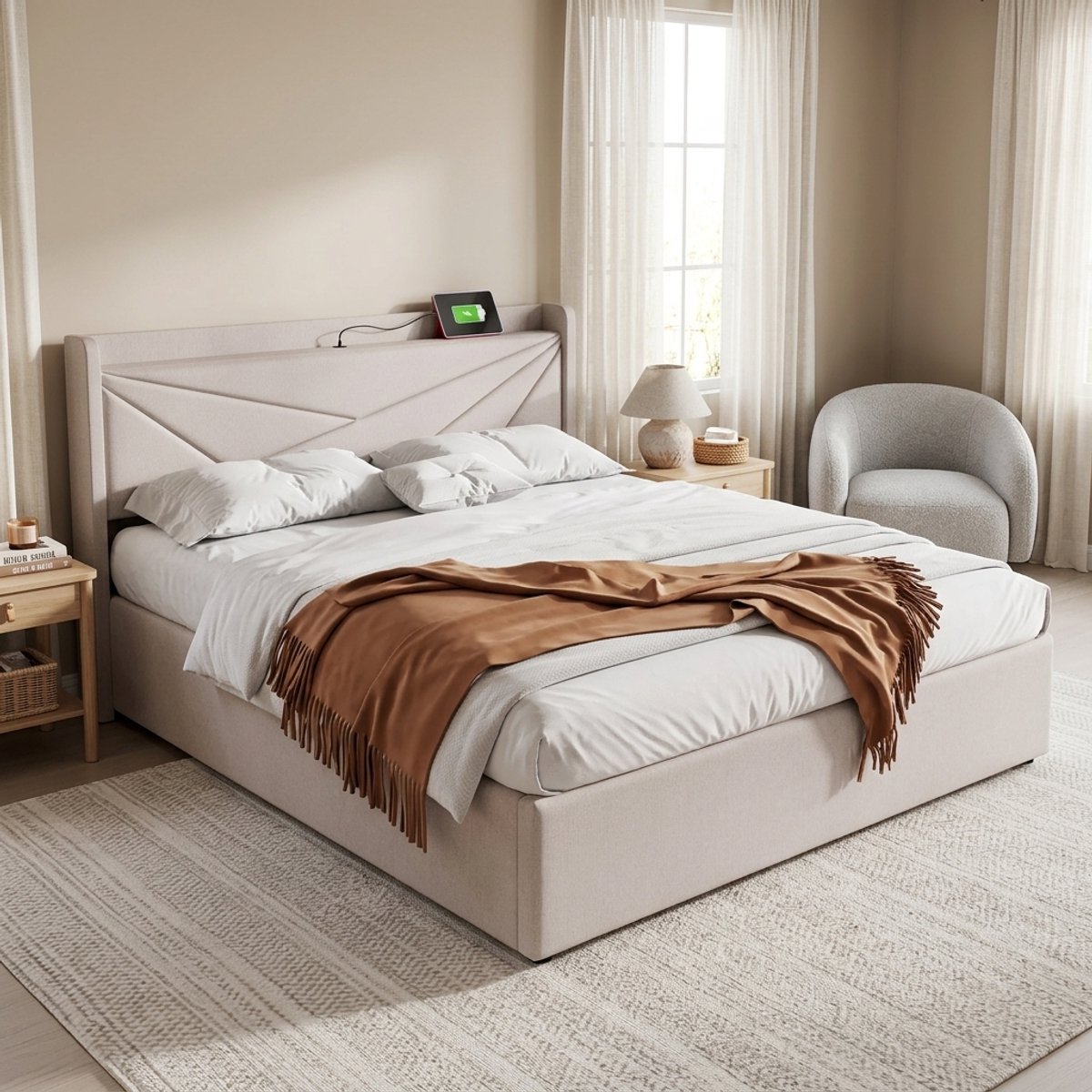 REDOM - Bed - Opbergruimte - USB en Type-C laadfunctie - Geometrisch hoofdbord - Tweepersoons - Stof en metaal - Beige - 186 x 208 x 107 cm