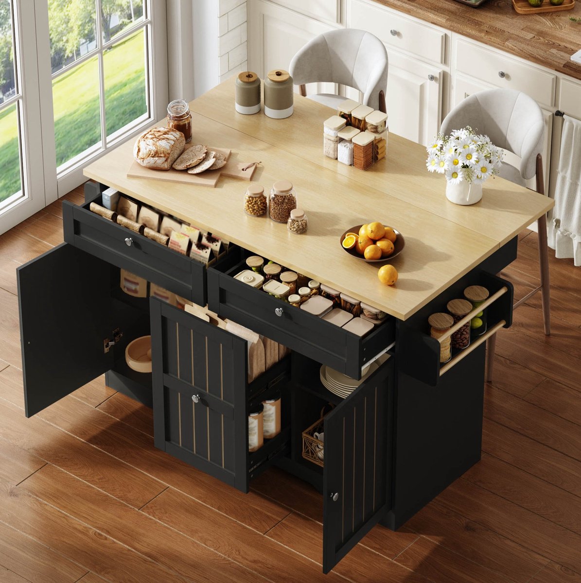 MODFU - Keukeneiland - Opklapbaar Werkblad - Modern - Keuken - MDF - Zwart - 120 X 70 X 92 Cm