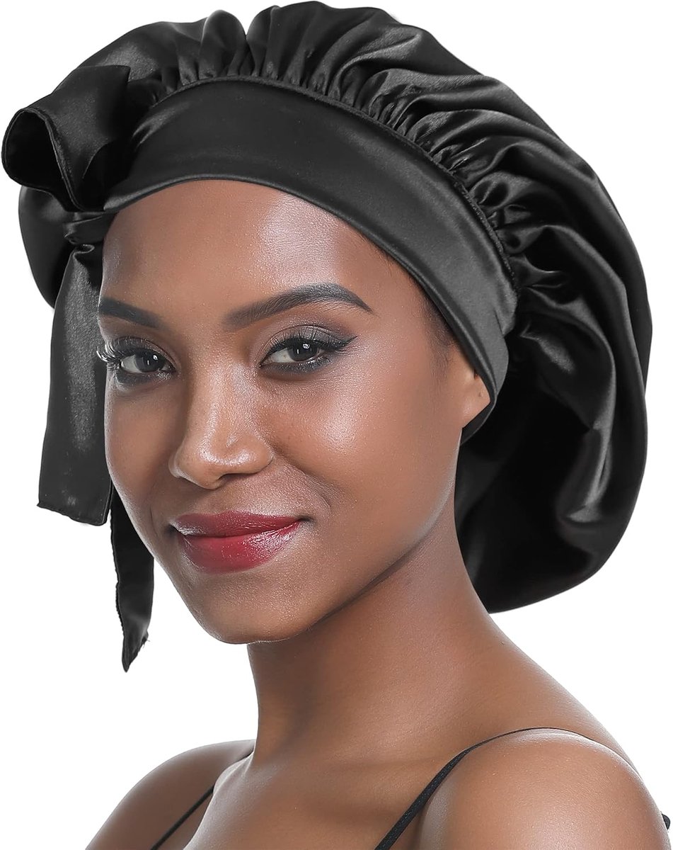 Satin slaapmuts dubbele laag - elastische satijnen bonnet - brede zijden band - beschermt krullend haar - SnelShoppen