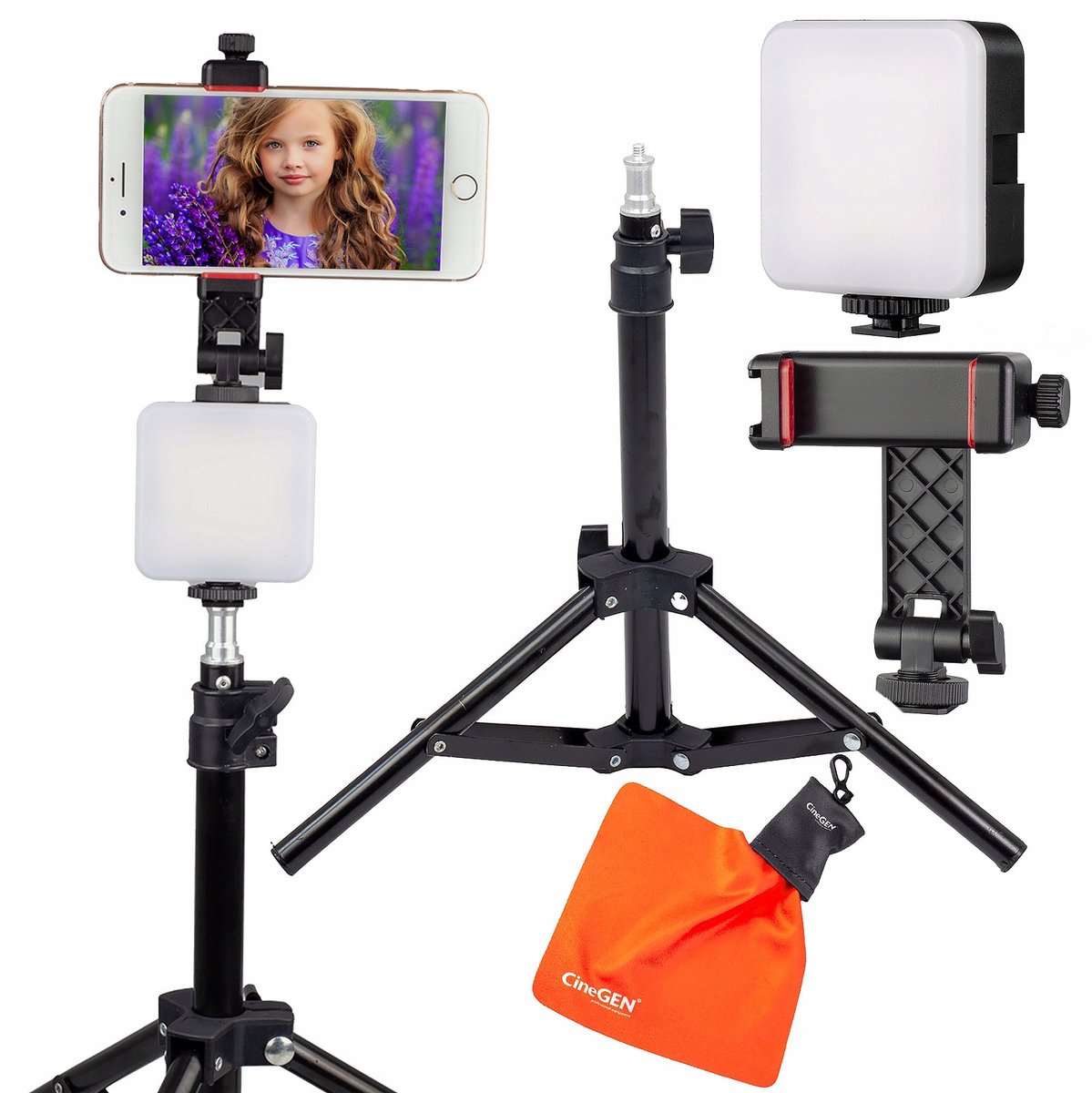Fotografiestandaardset 47 cm met smartphonehouder, LED-lamp en doek
