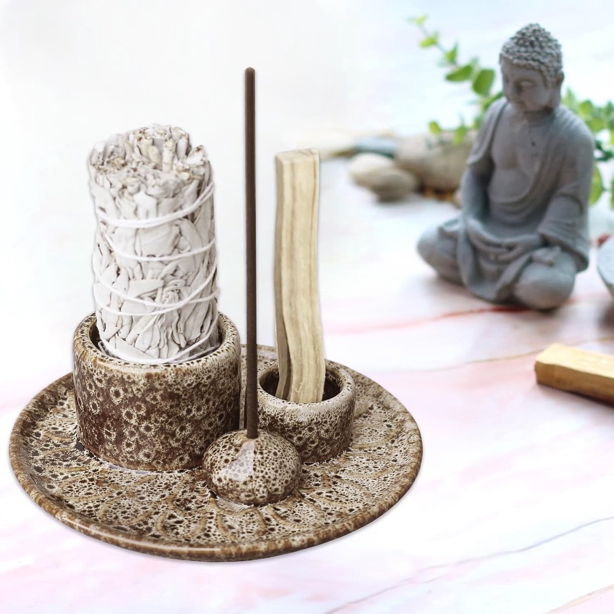 Incense Bowl 4-in-1 - Lichtbruin keramisch - Asvanger voor wierook, Palo Santo en kaarsen - Ideaal voor meditatie - ShopVlot