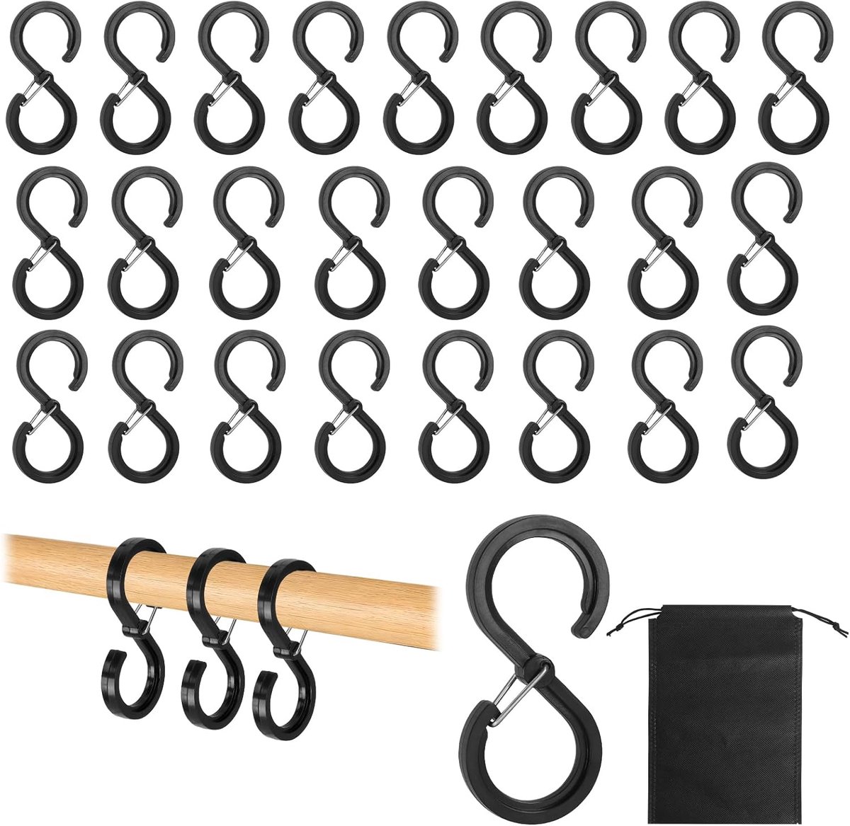 S haken 25 stuks zwart klein - plastic en RVS - veilige sluiting - ideaal voor kledingrail - ShopVlot