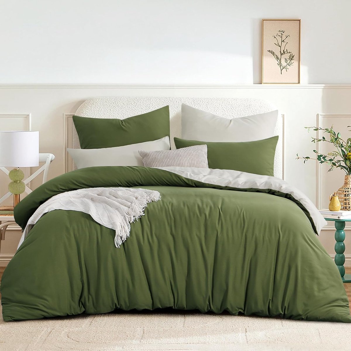 Bedlinnen 200 x 220 cm - 3-delige set - Olijfgroen en beige - Zacht microvezel voor een goede nachtrust - ShopVlot